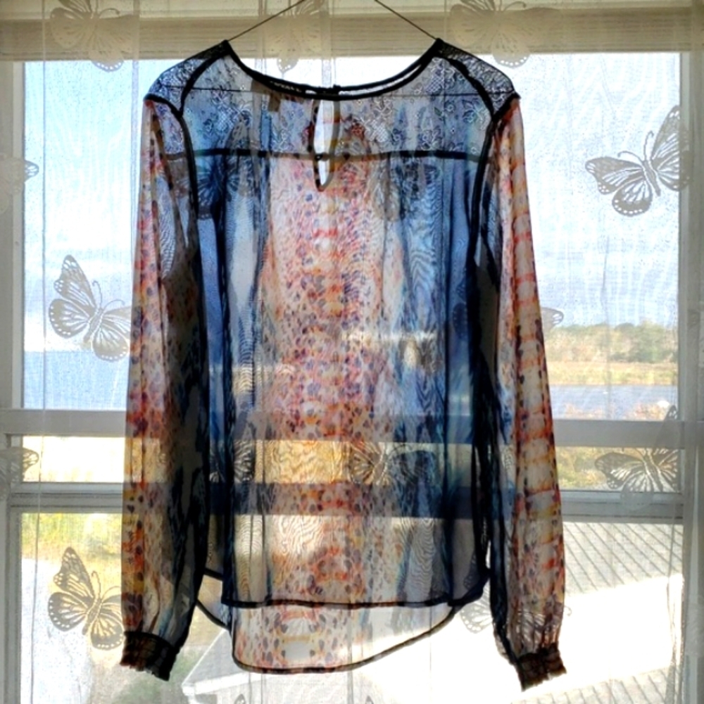 PHILOSOPHY Snake-Print Semi-sheer Multicolor Black Shoulder Lace Trim Top XS - Picture 2 of 16